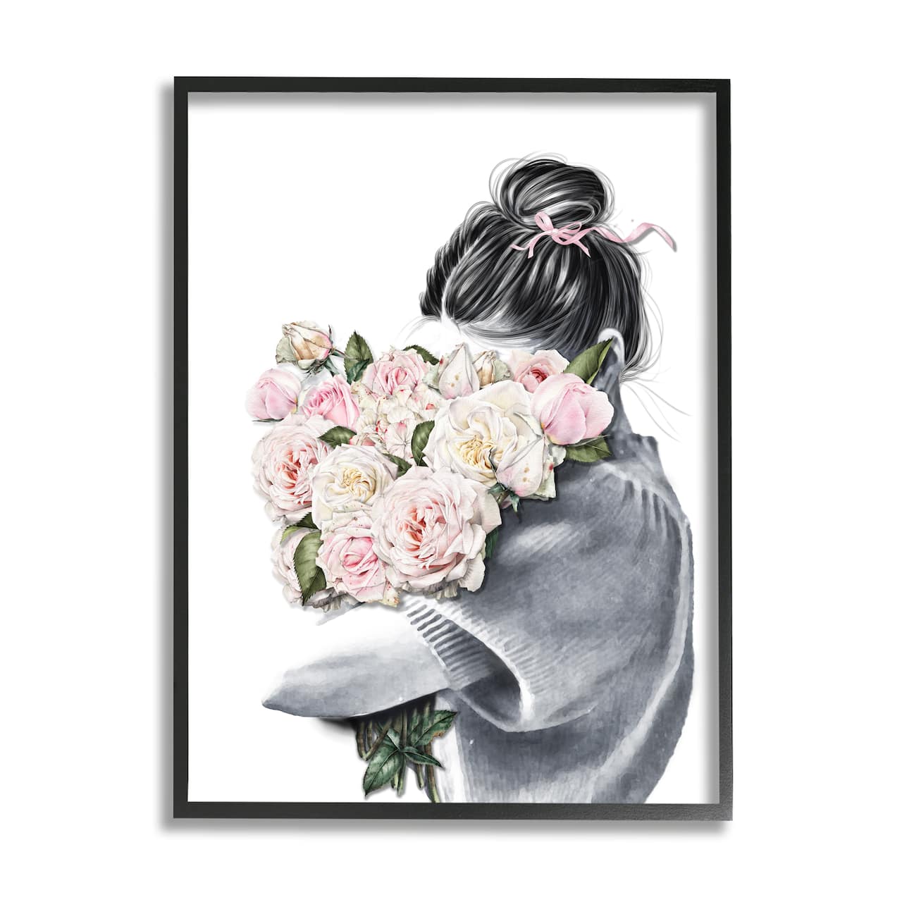 Stupell Industries Woman Smelling Bouquet Pink Pop Rose Florals in Black Frame Wall Art